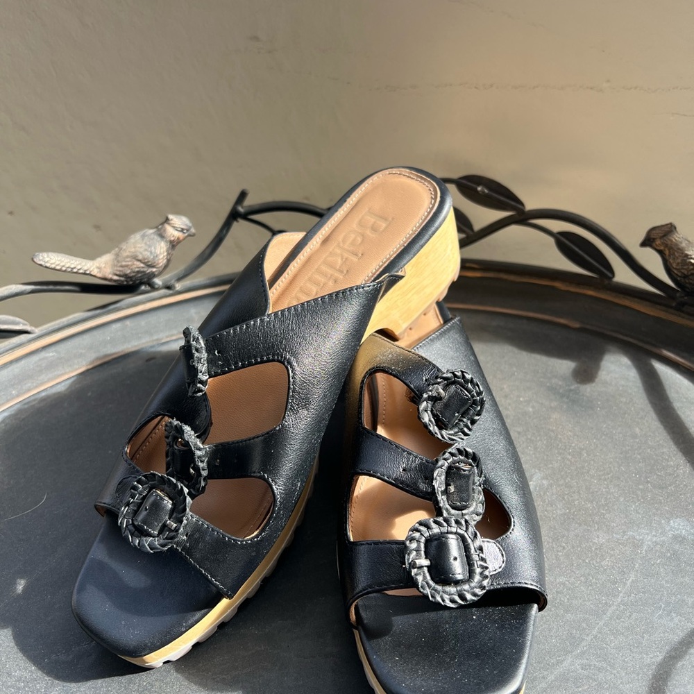 Black Leather Slide Mules with Decorative Buckles